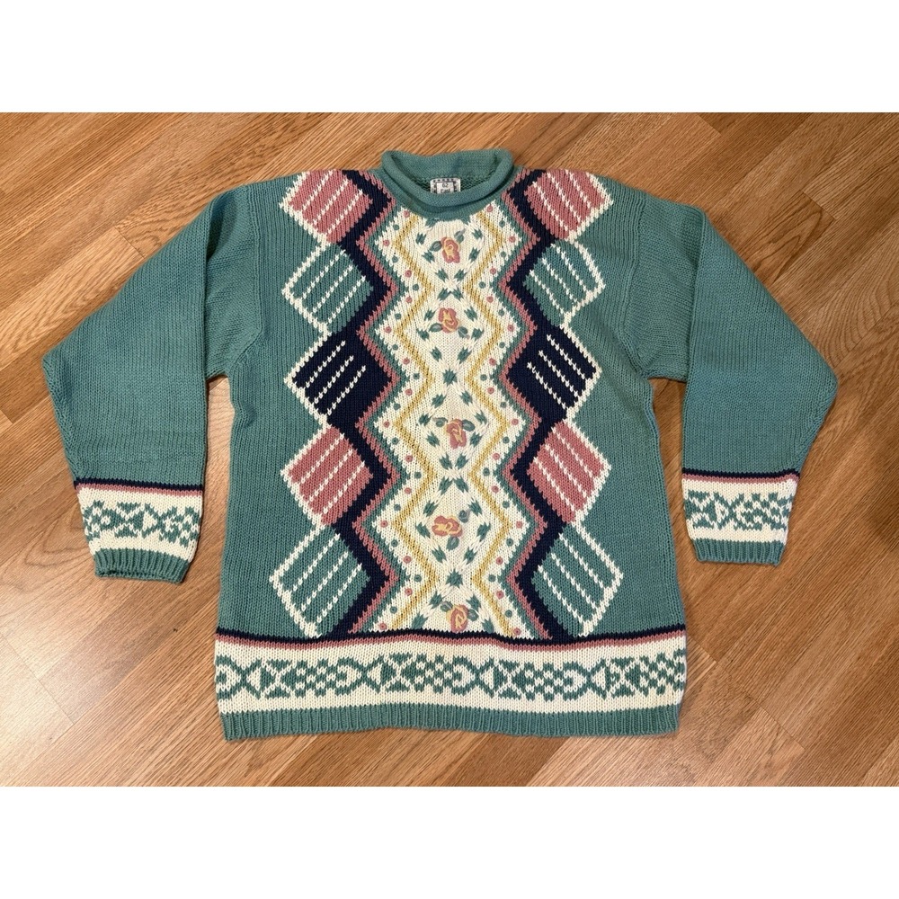 Vintage 90s Women's Green Pink Pastel Floral‎ Cottagecore Roll-neck Sweater L